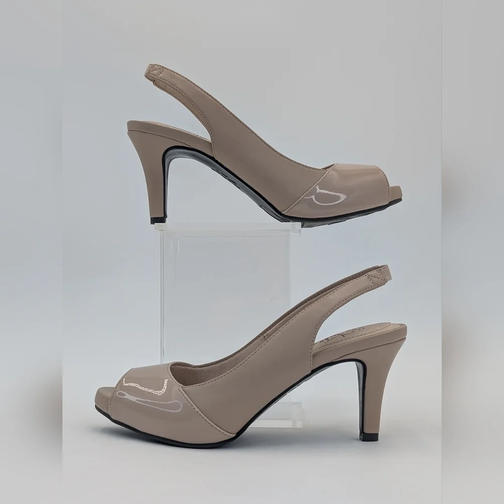 Life Stride Tannis Soft System Size 5M Taupe Patent Peep Toe Sling Back Heels